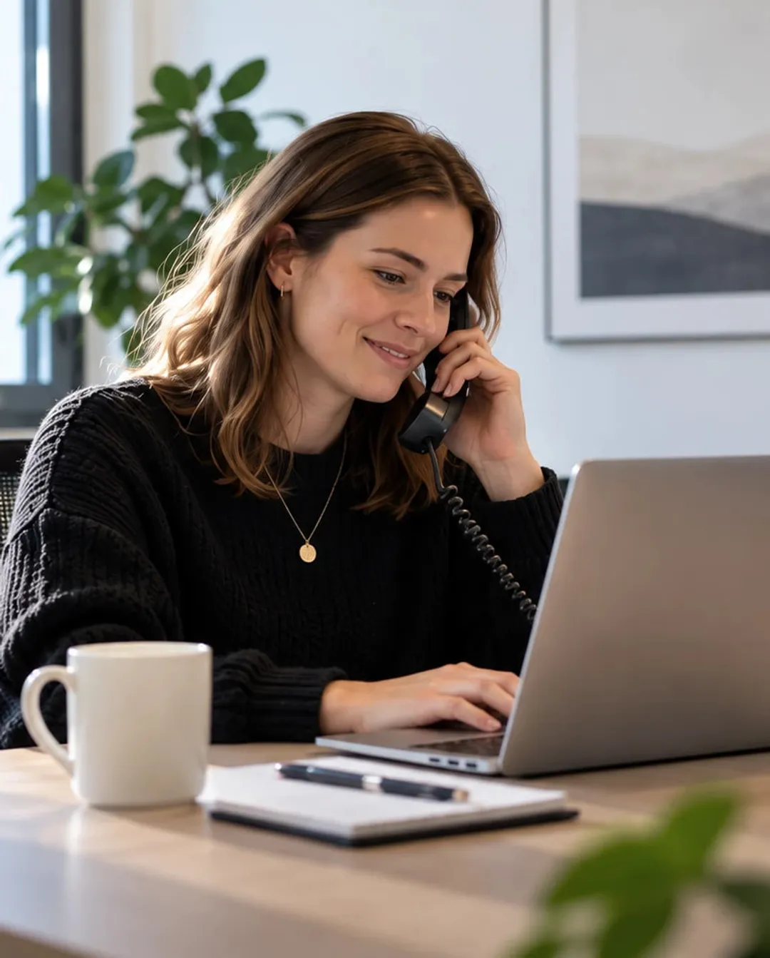 Frau am Schreibtisch telefoniert und arbeitet dabei am Laptop