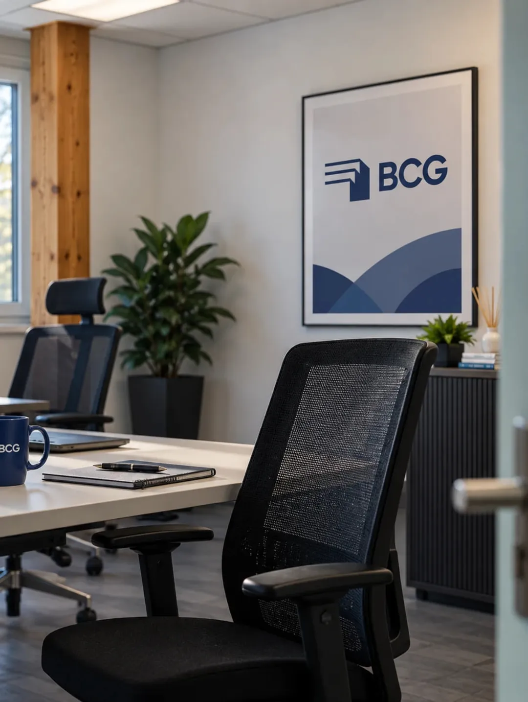 Eingerichtetes Büro mit zwei Schreibtischen, Monitoren und BCG-Schriftzug an der Wand