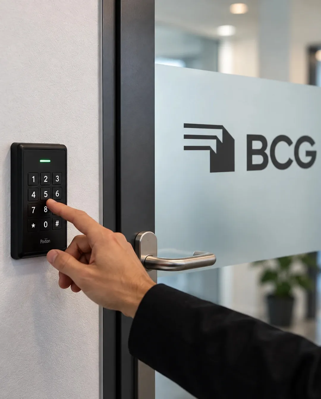 Hand gibt einen Code in das Zugangsfeld neben der Glastür mit BCG-Logo ein